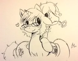 Size: 694x544 | Tagged: safe, artist:claireannecarr, derpibooru import, oc, oc:claire anne carr, oc:la-monge, unofficial characters only, pegasus, pony, unicorn, blushing, cute, female, glasses, grayscale, heart, leaning, lineart, male, mare, monochrome, mouth hold, smiling, stallion, traditional art, wavy mouth