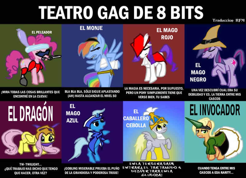 Size: 1024x743 | Tagged: safe, artist:tx2, derpibooru import, applejack, derpy hooves, fluttershy, pinkie pie, rainbow dash, rarity, trixie, twilight sparkle, pegasus, pony, 8-bit theater, female, mare, spanish, translation