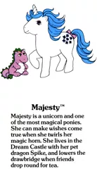 Size: 550x1000 | Tagged: safe, derpibooru import, official, majesty, spike (g1), dragon, pony, unicorn, bow, female, g1, g1 backstory, mare, my little pony fact file, raised hoof, simple background, tail bow, text, twirled her magic horn, white background