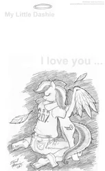 Size: 735x1200 | Tagged: safe, derpibooru import, rainbow dash, human, pegasus, pony, fanfic:my little dashie, backwards cutie mark, barefoot, eyes closed, feet, female, grayscale, hug, human male, leaves, male, mare, monochrome, pencil drawing, traditional art, wing fluff