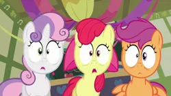 Size: 1280x720 | Tagged: apple bloom, cutie mark crusaders, derpibooru import, hearts and hooves day, hearts and hooves day (episode), ponyville schoolhouse, reaction image, safe, scootaloo, screencap, sweetie belle