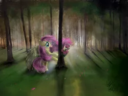 Size: 1024x768 | Tagged: safe, artist:vmtp52, derpibooru import, fluttershy, pegasus, pony, amazed, female, flower, forest, looking at something, mare, open mouth, outdoors, smiling, solo, spread wings, tree, wings