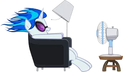 Size: 2568x1519 | Tagged: safe, artist:kurokaji11, derpibooru import, vinyl scratch, pony, unicorn, chair, fan, female, glasses, hooves, horn, lamp, mare, maxell, parody, relaxing, simple background, sitting, smiling, solo, sunglasses, table, teeth, transparent background, vector, windswept mane
