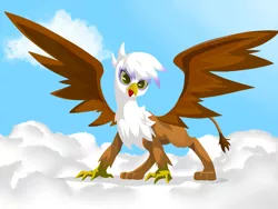 Size: 1000x750 | Tagged: safe, artist:8->, derpibooru import, gilda, gryphon, cloud, cloudy, female, looking at you, pixiv, sky, solo, spread wings, wings