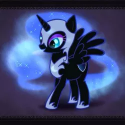 Size: 403x403 | Tagged: safe, artist:araraginatsuki, derpibooru import, edit, oc, oc:nyx, unofficial characters only, alicorn, pony, fanfic:past sins, armor, cute, ethereal mane, eyeshadow, filly, makeup, nightmare nyx, spread wings