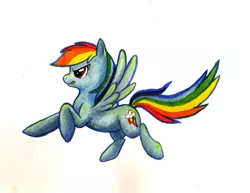 Size: 800x619 | Tagged: safe, artist:deovacuus, derpibooru import, rainbow dash, pegasus, pony, female, mare, raised hoof, simple background, solo, spread wings, traditional art, white background, wings