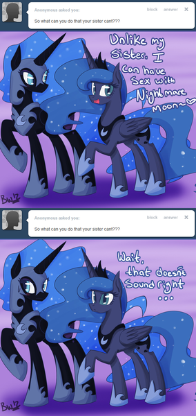 Size: 636x1344 | Tagged: artist needed, askprincesslunaughty, awkward, blushing, derpibooru import, duality, female, lesbian, lunamoon, lunaughty, mooncest, nightmare moon, princess luna, questionable, selfcest, self ponidox, shipping