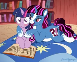 Size: 718x574 | Tagged: artist:brianblackberry, bed, blushing, book, derpibooru import, oc, oc:whatnot, safe, twilight sparkle