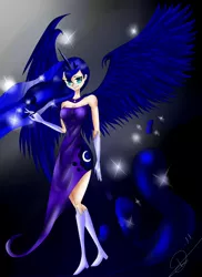 Size: 2550x3510 | Tagged: artist:noideasfornicknames, boots, clothes, derpibooru import, evening gloves, high res, horned humanization, humanized, princess luna, safe, skinny, solo, winged humanization