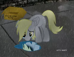 Size: 3232x2496 | Tagged: semi-grimdark, artist:xxxsketchbookxxx, derpibooru import, derpy hooves, pegasus, pony, box, crying, female, high res, mare, rain, reflection, sad, sidewalk, solo, vector, writing