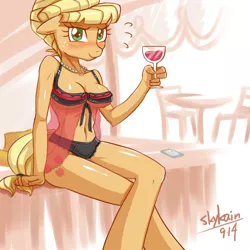 Size: 800x800 | Tagged: alternate hairstyle, anthro, applejack, artist:skykain, breasts, busty applejack, clothes, derpibooru import, female, glass, lingerie, orangejack, panties, phone, solo, solo female, suggestive, underwear