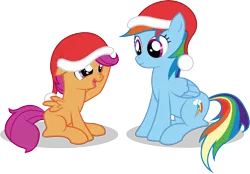 Size: 3953x2750 | Tagged: safe, artist:emkay-mlp, derpibooru import, rainbow dash, scootaloo, pegasus, pony, christmas, duo, female, hat, high res, santa hat, scootalove