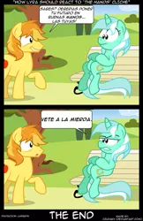 Size: 900x1388 | Tagged: safe, artist:epulson, artist:innuendo88, derpibooru import, braeburn, lyra heartstrings, earth pony, pony, unicorn, comic, duo, spanish, speech bubble, translation