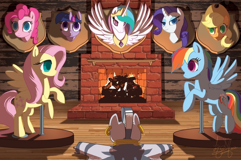 Size: 1125x750 | Tagged: applejack, artist:lizspit, dead, decapitated, derpibooru import, empty eyes, fireplace, fluttershy, hunting trophy, implied murder, mane six, mounted head, pelt, pinkie pie, princess celestia, rainbow dash, rarity, rearing, rug, safe, severed head, skinned, smiling, spread wings, taxidermy, twilight sparkle, zebra, zecora