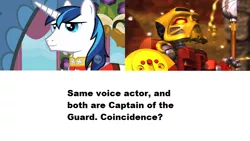 Size: 800x450 | Tagged: andrew francis, bionicle, coincidence, derpibooru import, exploitable meme, jaller, lego, meta, mind blown, safe, same voice actor, shining armor