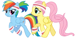 Size: 5000x2609 | Tagged: safe, artist:jennieoo, derpibooru import, fluttershy, rainbow dash, pegasus, pony, alternate hairstyle, female, headband, jogging, leg warmers, mare, ponytail, running, simple background, sweatband, transparent background, vector, workout, workout outfit