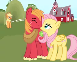 Size: 730x581 | Tagged: safe, artist:thecat101, derpibooru import, applejack, big macintosh, fluttershy, earth pony, pony, fluttermac, kissing, male, shipping, stallion, straight