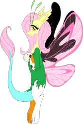Size: 744x1116 | Tagged: artist:cdla, butterfly wings, derpibooru import, draconequified, draconequus, female, floating, flutterequus, fluttershy, safe, simple background, solo, species swap, transparent background, wings
