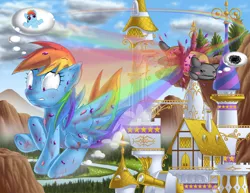 Size: 1000x773 | Tagged: accident, artist:berrypawnch, bisection, canterlot, crossover, derpibooru import, duo, flying, looking at you, nyan cat, rainbow dash, semi-grimdark, shrug, shrugpony