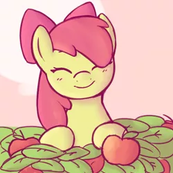 Size: 500x500 | Tagged: dead source, source needed, safe, artist:redintravenous, artist:rustydooks, derpibooru import, apple bloom, earth pony, pony, adorabloom, apple, bust, colored, cute, eyes closed, female, filly, food, leaf, portrait, solo