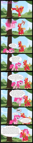 Size: 2778x12000 | Tagged: safe, artist:hatbulbproductions, derpibooru import, big macintosh, pinkie pie, earth pony, pony, applebucking, comic, kick, male, personal space invasion, stallion