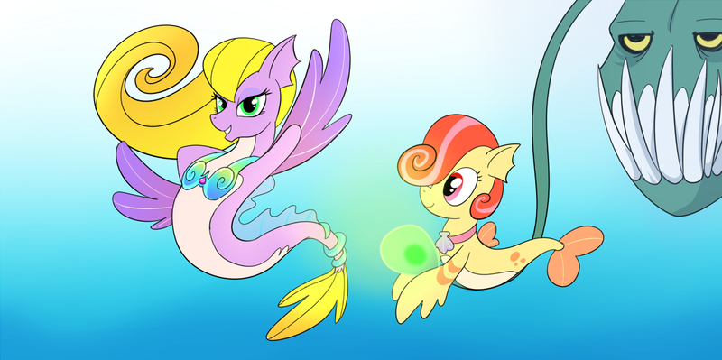 Size: 1200x599 | Tagged: angel, angler fish, artist:madmax, derpibooru import, goldie, oc, safe, sea pony, unofficial characters only