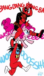 Size: 586x1004 | Tagged: artist:moloko-plus, carrying, crossover, deadpool, derpibooru import, freakazoid, humans riding ponies, pinkie pie, safe