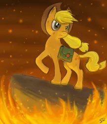 Size: 624x720 | Tagged: applejack, artist:valiumangel, bag, cliff, derpibooru import, fire, raised hoof, safe, solo