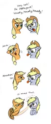 Size: 663x1600 | Tagged: safe, artist:mickeymonster, derpibooru import, applejack, derpy hooves, earth pony, pegasus, pony, accessory swap, accessory theft, applejack is not amused, applejack's hat, blushing, comic, cowboy hat, cute, derpabetes, dialogue, duo, female, flanderization, funny, funny as hell, hat, hat swap, howdy, mare, mocking, movie reference, parody, roleplaying, silly, silly pony, slice of life, tongue out, toy story, unamused