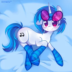 Size: 800x800 | Tagged: safe, artist:pekou, derpibooru import, vinyl scratch, pony, unicorn, blushing, clothes, cute, ear down, female, looking at you, mare, smiling, socks, solo, striped socks, vinylbetes