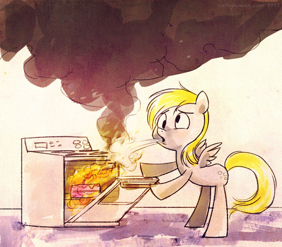 Size: 569x500 | Tagged: safe, artist:carly hwang, derpibooru import, ponibooru import, derpy hooves, pegasus, pony, female, fire, food, mare, oven, smoke