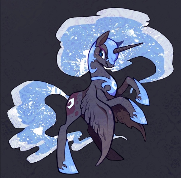 Size: 715x706 | Tagged: safe, artist:mi-eau, derpibooru import, nightmare moon, alicorn, pony, blushing, female, mare, rearing, solo