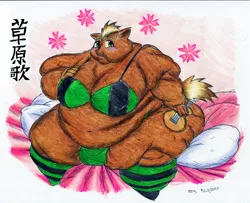 Size: 1566x1274 | Tagged: anthro, artist:zaedrin, bhm, blushing, bra, clothes, crossdressing, derpibooru import, drag, fat, leeroy wingkins, meadow song, moobs, morbidly obese, obese, stockings, suggestive, underwear