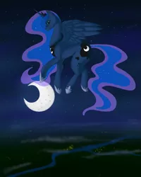 Size: 799x1000 | Tagged: artist:kittyisawolf, crescent moon, derpibooru import, flying, night, princess luna, safe, solo