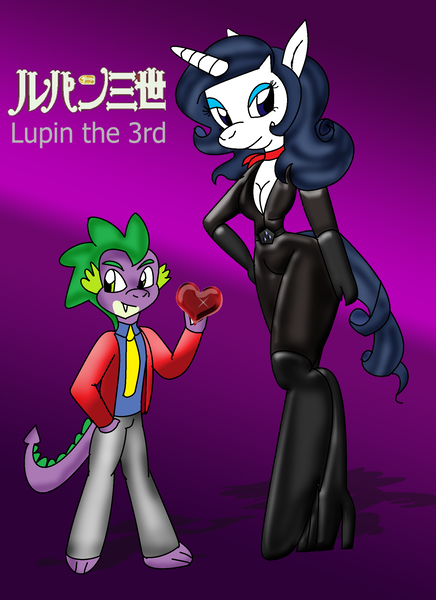 Size: 1700x2338 | Tagged: safe, artist:odiz, derpibooru import, rarity, spike, anthro, female, lupin the 3rd, male, mine fujiko, parody, shipping, sparity, straight