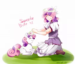 Size: 1020x865 | Tagged: dead source, safe, artist:tomoe-chi, derpibooru import, sweetie belle, human, pony, unicorn, clothes, human ponidox, humanized, self ponidox, skirt