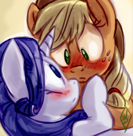 Size: 441x452 | Tagged: safe, artist:whitediamonds, derpibooru import, applejack, rarity, earth pony, pony, unicorn, blushing, female, freckles, hat, lesbian, mare, rarijack, shipping