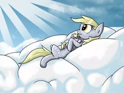 Size: 1890x1417 | Tagged: safe, artist:sugaryoshi, derpibooru import, derpy hooves, dinky hooves, pegasus, pony, cloud, cloudy, equestria's best mother, female, hug, mare, on back