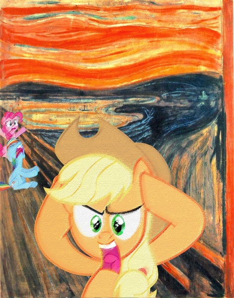 Size: 813x1036 | Tagged: safe, artist:edvard munch, artist:normanb88, derpibooru import, applejack, pinkie pie, rainbow dash, earth pony, pegasus, pony, eyes closed, fine art parody, floppy ears, open mouth, parody, screaming, shopped, sitting, the scream