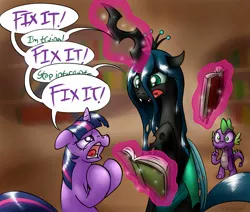 Size: 1101x932 | Tagged: safe, artist:conicer, derpibooru import, queen chrysalis, spike, twilight sparkle, changeling, changeling queen, pony, unicorn, body swap, book, female, g4, golden oaks library, magic, magic aura, mare, open mouth, speech bubble, spell gone wrong, telekinesis, tongue out, unicorn twilight