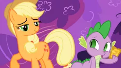 Size: 964x543 | Tagged: safe, derpibooru import, screencap, applejack, spike, dragon, earth pony, pony, the ticket master, duo, female, gala ticket, male, mare, raised hoof, smug, ticket