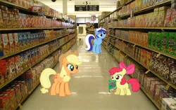 Size: 672x422 | Tagged: safe, artist:dontae98, derpibooru import, apple bloom, applejack, minuette, pony, apple jacks, cereal, irl, photo, ponies in real life, pun, supermarket, vector