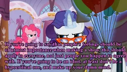 Size: 1264x711 | Tagged: safe, banned from derpibooru, deleted from derpibooru, derpibooru import, pinkie pie, rarity, bronyetiquette, image, measuring tape, meta, parody, pink text, png, rarity's glasses, text