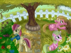 Size: 1400x1050 | Tagged: safe, derpibooru import, daisy, flower wishes, lily, lily valley, roseluck, butterfly, earth pony, pony, bipedal, flower, flower trio, garden, gardening, tree, watering can