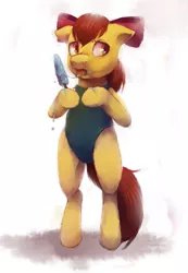 Size: 621x900 | Tagged: safe, artist:crookedtrees, derpibooru import, apple bloom, earth pony, pony, bipedal, clothes, food, ice cream, licking, one-piece swimsuit, popsicle, sea salt ice cream, semi-realistic, solo, swimsuit