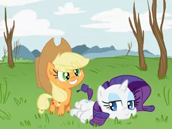 Size: 1400x1050 | Tagged: safe, artist:tess, derpibooru import, applejack, rarity, earth pony, pony, unicorn, chibi, cute, female, freckles, grass, jackabetes, lesbian, mare, raribetes, rarijack, shipping