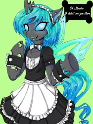 Size: 1200x1600 | Tagged: artist:rainbowscreen, blue changeling, changeling, changeling oc, changeling queen, changeling queen oc, choker, clothes, dead source, derpibooru import, dialogue, female, green background, maid, maid headdress, oc, oc:jewel, safe, semi-anthro, simple background, solo, unofficial characters only