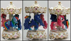 Size: 900x520 | Tagged: artist:madponyscientist, carousel, craft, custom, derpibooru import, irl, photo, pinkie pie, princess luna, rainbow dash, safe, sculpture