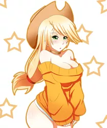 Size: 1003x1200 | Tagged: adorasexy, applejack, artist needed, bottomless, breasts, busty applejack, cleavage, clothes, curvy, cute, dead source, derpibooru import, female, human, humanized, pixiv, sexy, solo, solo female, suggestive, sweater, wide hips