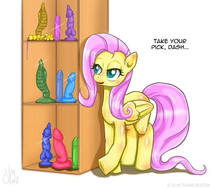 Size: 1125x1000 | Tagged: anatomically incorrect, artist:c-v-m, bad anatomy, bad dragon, derpibooru import, dialogue, dildo, display case, english, fluttershy, questionable, sex toy, solo, standing